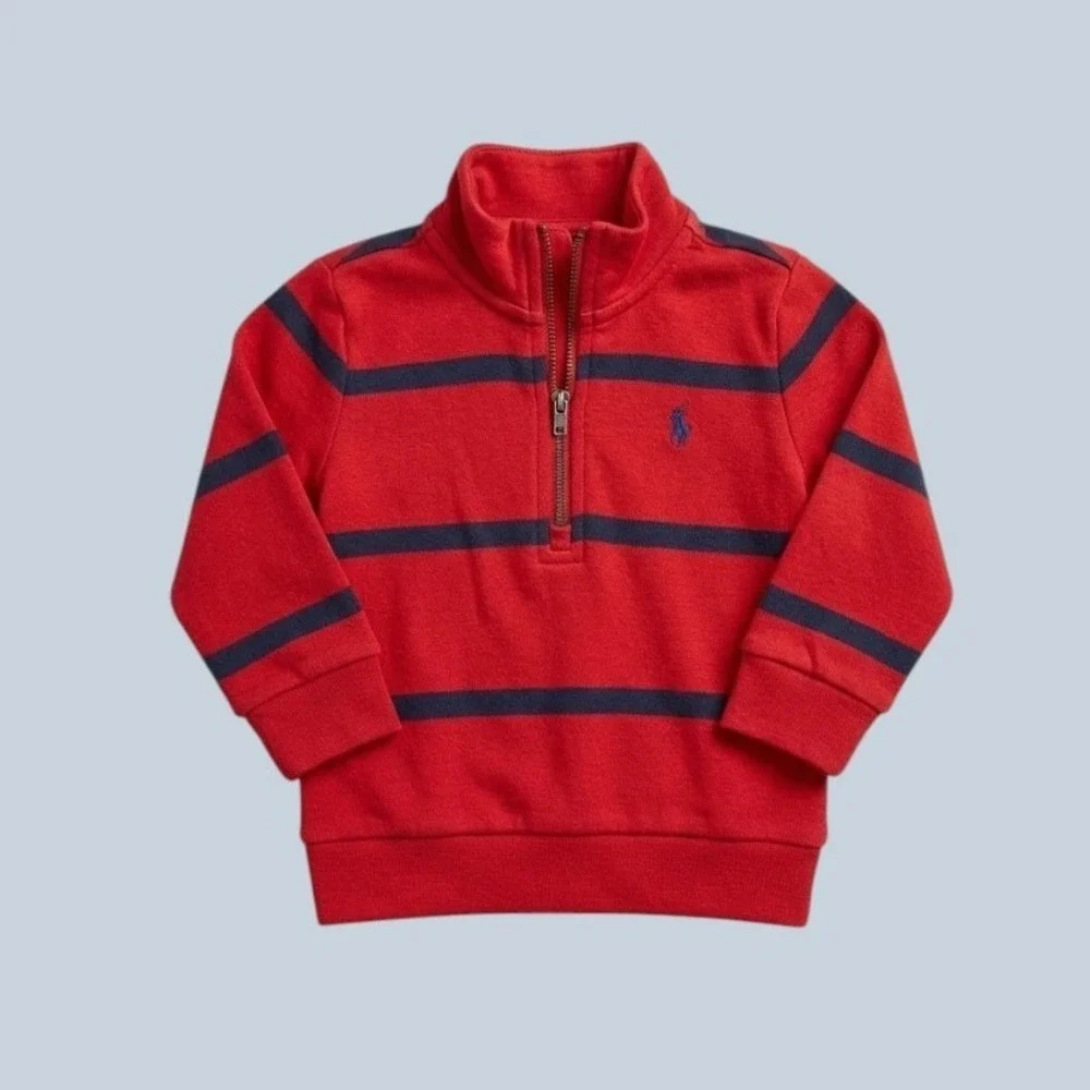 Ralph Lauren Baby Boy Red Navy Blue Striped Quarter Zip Pullover Sweatshirt 12M